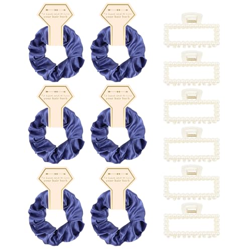 Bridesmaid Proposal Gifts, 12 PCS Bridesmaids Silk Hair Scrunchies & Pearl Hair Clips Set for Women Girls Bachelorette Party Favors Bridal Shower Favors Bridesmaids Gifts for Wedding Day (Navy) - color: Navy