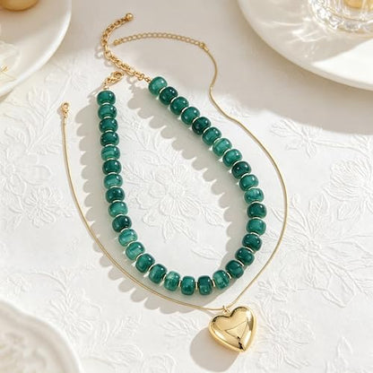 YUJIE Chunky Heart Pendant Necklace for Women- Exaggerated Statement Puff Heart Necklace with Acrylic Beaded Chain - color: B-GREEN