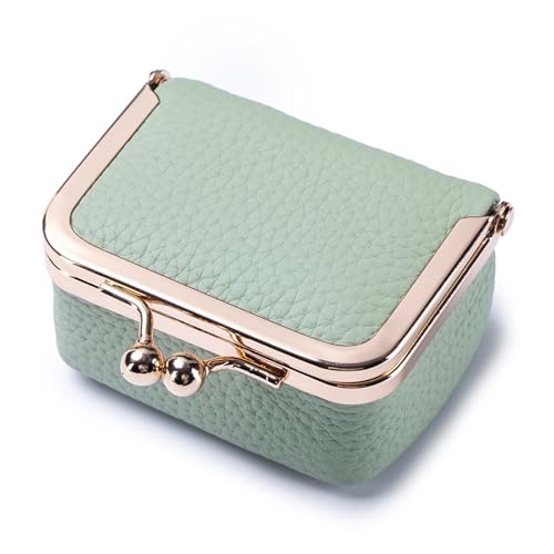 Genuine Leather Mini Jewelry Box - Vintage-Inspired Travel Jewelry Organizer with Kiss Lock, Compact Ring Box for Women, Perfect for Earrings, Rings, Necklaces, Bracelets (B Green) - color: Green L 2.95in