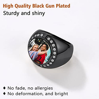 FindChic Customized Signet Photo Rings Square/Heart/Round Chunky Band Ring Stainless Steel/18K Gold Plated/Black Size 7 to 14 Personalized Jewelry for Men Women, Send Gift Box - color: 02. round (black)