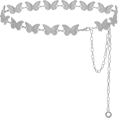 Waist Chain Belts Women Girls Metal Belly Link | Adjustable Waist Belt for Jeans and Dress - color: Silver Butterfly, size: M: 47.2 in
