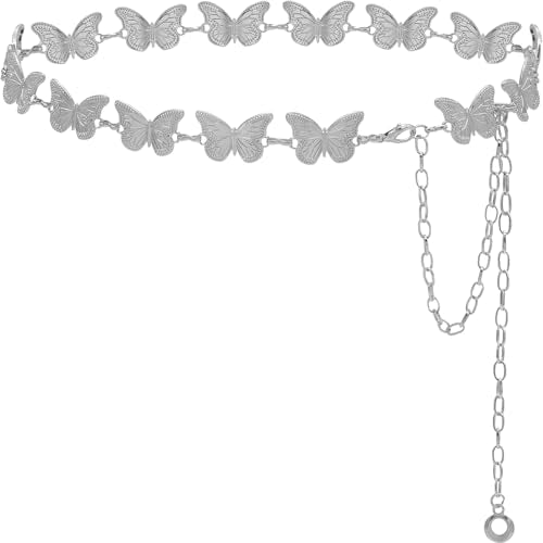Waist Chain Belts Women Girls Metal Belly Link | Adjustable Waist Belt for Jeans and Dress - color: Silver Butterfly, size: L: 53.1 in