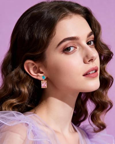 14K Gold Plated Pink Crystal Stud Square Stone Drop Dangle Geometric Earrings for Women Vacation Jewelry - color: Pink＆Blue