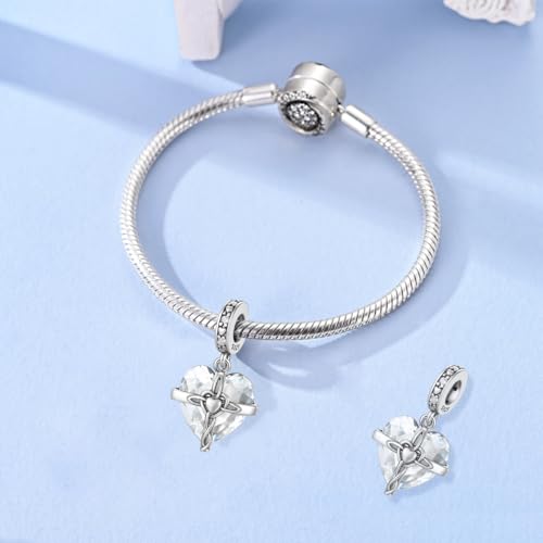 LNQOBU Birthstone Charm for Bracelets,925 Sterling Silve Heart Dangle Charms for Pandora Bracelets - color: D-April