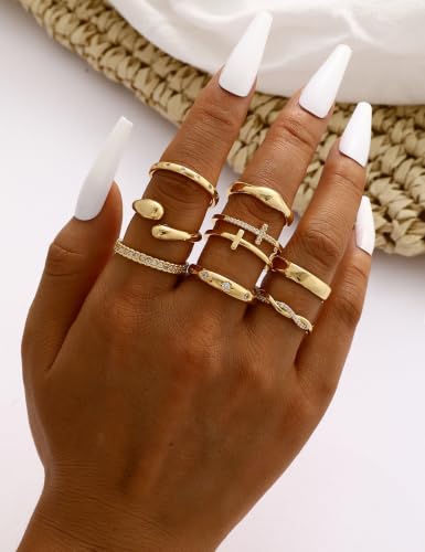iF YOU Non Tarnish Chunky Gold Rings for Women, 14K Gold Plated Dainty Stackable Cross Cubic Zirconia Ring Set, Knuckle Stacking Pinky Thumb Ring Statement Wedding Bands Jewelry Size 4.5-10 - color: Gold-diamond cross