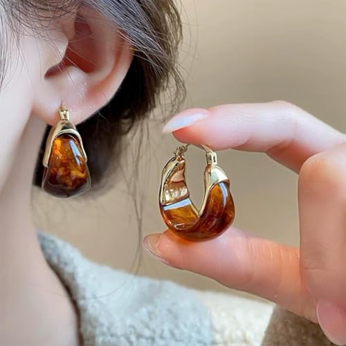 Retro Chunky Gold Brown Amber Hoop Earring, Trendy Boho White Resin Dangling Earrings for Women Dainty Minimalism Daily Party Jewelry Gifts Accessories - color: Brown