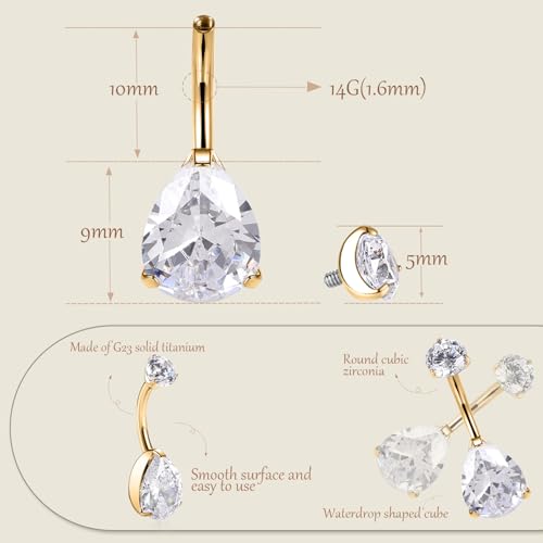 AROWRO Gold Belly Button Ring G23 Titanium Hypoallergenic 14G belly ring for Women Men Teardrop Navel Piercing Jewelry 10mm Barbell With Cubic Zircon - color: Gold+Teardrop Clear CZ