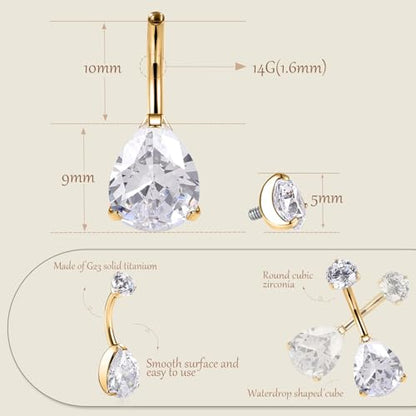 AROWRO Gold Belly Button Ring G23 Titanium Hypoallergenic 14G belly ring for Women Men Teardrop Navel Piercing Jewelry 10mm Barbell With Cubic Zircon - color: Gold+Teardrop Clear CZ