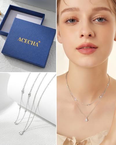 ACECHA Silver Necklace for Women, Dainty Layered Stack Set | silver plated, stackable, choker necklaces with cz pendant, ideal for daily prom wedding jewelry - color: silver-waterdrop diamond