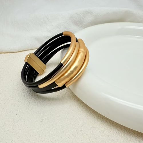 Bracelets for Women Leather Bracelet Multi-Layer Rope Wrap Bangle 14k Gold Plated Cirle Hollow Tube Boho Cuff Bangle Bracelets for Women Gift - style: Tube-Black Leather Bracelet
