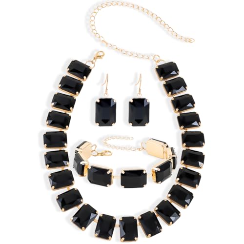 KOSMOS-LI Rectangle Faux Crystal Jewelry Sets Includ Necklace Bracelet Earrings For Women Stocking Stuffers - color: black