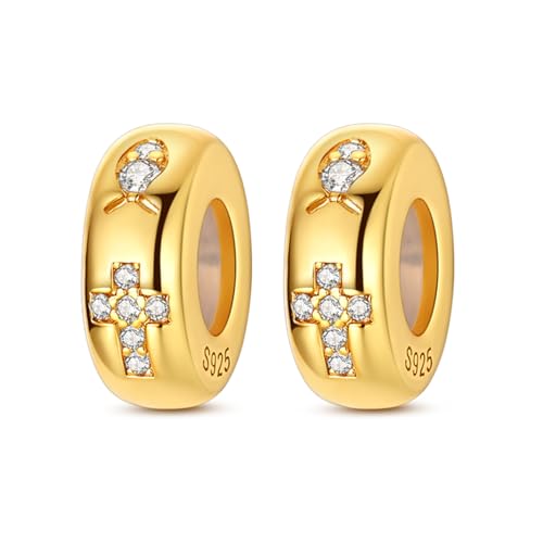 2pcs Stopper Spacer Beads for Pandora Bracelets, Sterling Silver Cross Ladybug Clip Spacer Charms For Bracelet DIY Jewelry Gift - color: Gold Cross
