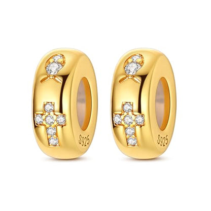 2pcs Stopper Spacer Beads for Pandora Bracelets, Sterling Silver Cross Ladybug Clip Spacer Charms For Bracelet DIY Jewelry Gift - color: Gold Cross