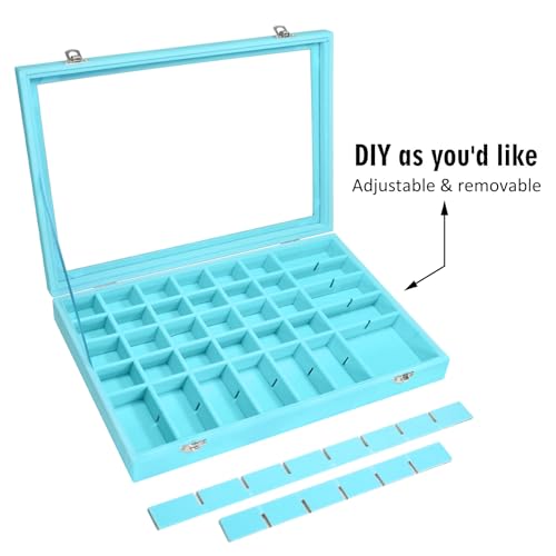Siveit Velvet Jewelry Tray 48 Grid Jewelry Display Tray Organizer Box with Transparent Lid Rings Earrings Necklaces Pendants Display Box Suitable for Women and Girls (Light Blue) - color: Light Blue