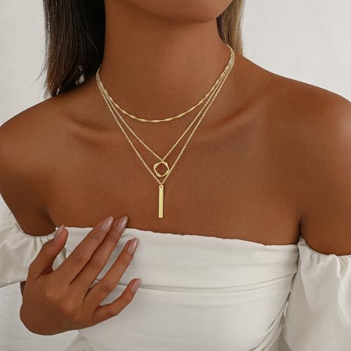 Gold Necklace for Women 14K Gold Plated Layered Cross Bar Necklace Herringbone Figaro Paperclip Flat Chain Cute Charm Accessories Non Tarnish Jewelry Set Gifts for Women - style: R-NK-07-Circle bar-GD
