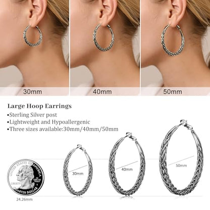 Senteria 925 Sterling Silver Post Twisted Hoop Earrings for Women 30-50MM | Hypoallergenic Large Silver Hoop Earrings for Women,Lightweight Thick Weave Braid Hoops,Nickel Lead-Free for Sensitive Ears - color: 30mm black hoops