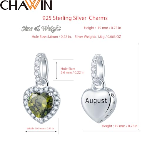 CHAWIN Birthstone Charms, 925 Sterling Silver Heart Dangle Charm, Sparkling CZ Compatible with Pandora Charm Bracelet, Necklace, Birthday Gifts for Women/Wife/Mother - style: 08# August