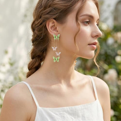 Purple Butterfly Tassel Earrings for Women Crystal Rhinestone Drop Earrings Animal Drop Dangle Charm Earrings - color: G-Green