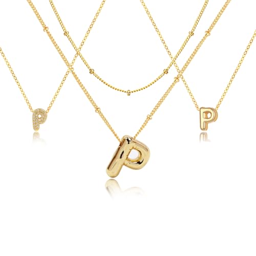 stino 4PCs Bubble Initial Letter Necklace Set, No Tarnish 14K Gold Plated Alphabet Pendant, Jewelry for Women - style: P