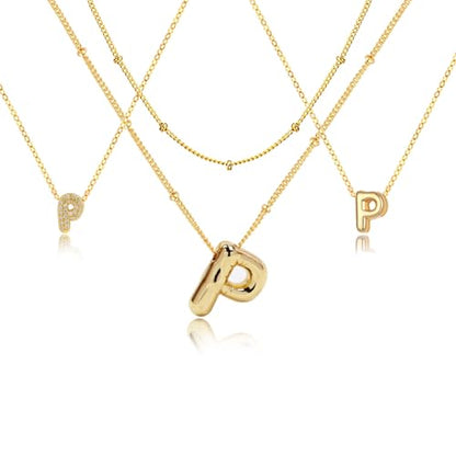 stino 4PCs Bubble Initial Letter Necklace Set, No Tarnish 14K Gold Plated Alphabet Pendant, Jewelry for Women - style: P
