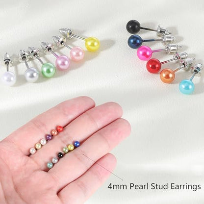 12 Pairs Colorful Pearl Stud Earrings for Women Stainless Steel Small Studs Set - color: 4mm