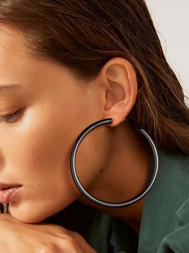 PROSTEEL Chunky Hoop Earrings for Women 14K Gold Plated/Black/Silver | 20/30/40/50/60/70/80mm Stainless Steel Thick Big Round Hoop with Waterproof and Non Tarnish Trendy Jewelry with Gift Box - color: 2. Black, size: 80MM