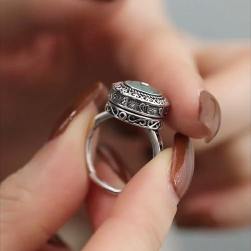 Adjustable Spinner Fidget Ring for Women - Vintage Ping An Buckle Amulet Rotating Ring, Green Jade & CZ Crystal Anxiety Relief Ring, Open Band Stress Relief Protection Jewelry, Unique Boho Gift for Her