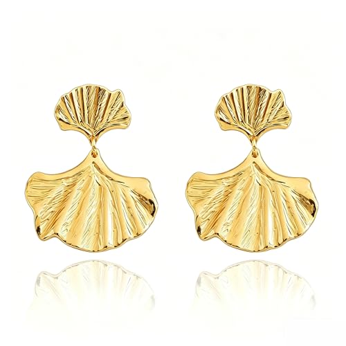 Chunky Gold Plated Flower Statement Drop Earrings for Women | Hypoallergenic 18K Gold Plated Textured Petal Wing, Large Statement Dangle Earrings for Wedding Party - color: Gold Medium Ginkgo Leaf-D