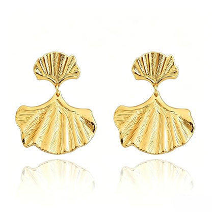Chunky Gold Plated Flower Statement Drop Earrings for Women | Hypoallergenic 18K Gold Plated Textured Petal Wing, Large Statement Dangle Earrings for Wedding Party - color: Gold Medium Ginkgo Leaf-D