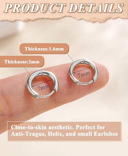 Surgical Steel Huggie Hoop Earrings & Flat Back Studs for Women Men, 6mm-14mm Small Hoops for Cartilage Helix Tragus Lobe, 1-10 Pairs Multiple Piercing Jewelry Set for Sensitive Ears - style: 1Pair,SIlver,7mm(THK:1.6mm)