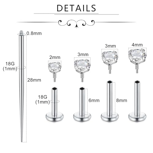 Incaton 18G Hypoallergenic Flat Back Stud Earrings, 316L Surgical Steel Internal Thread CZ Stud for Helix Tragus Cartilage Conch Nose Lip Rings Labret Piercing Jewelry For Women Gold/Silver Pack - color: Silver