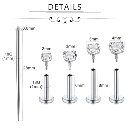 Incaton 18G Hypoallergenic Flat Back Stud Earrings, 316L Surgical Steel Internal Thread CZ Stud for Helix Tragus Cartilage Conch Nose Lip Rings Labret Piercing Jewelry For Women Gold/Silver Pack - color: Silver