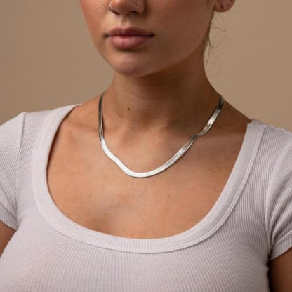 WomenGifts 14K Gold Silver Plated Herringbone Necklace for Women, Dainty Snake Chain Choker, Trendy Simple Long Layered Jewelry Non Tarnish, 3/4/5/8mm,14,16,18,20,22,24,26 Inch Thin & Chunky Options - color: Silver, style: 5mm-18inch
