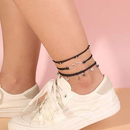 Waterproof String Anklets Cute Beaded Ankle Bracelets Beach Wave Anklet Stainless Steel Coin Boho Ankle Jewelry for Women - color: Black