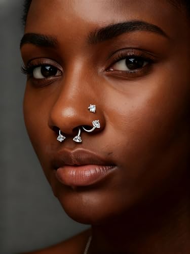 6mm 7mm 8mm 20g Horseshoe Nose Ring Hoop 18 gauge Double Gem Horse Shoe Nose Rings for Women Surgical Steel Half Hoop U Shape Small Silver Gold Tragus Earring Helix Piercing Jewelry Septum Ring - color: silver