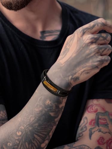 Mens Black Leather Obsidian/Turquoise/Tiger Eye/Red Agate Bracelet–Braided Multi‑Layer Wristband Cuff Bangle Bracelet with Stainless Steel Clasp Gift Jewelry Box Included - color: Tiger Eye Stone, size: 8.3in(Fits most wrists)