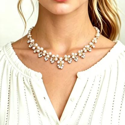 Simulated Pearl Bridal Jewelry Set White Pearl Leaf Pendant Necklace Earrings Set Zinc Alloy Rhinestone Wedding Party Jewelry for Bridesmaids Bride - color: white pearl
