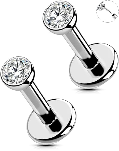 OUFER 2Pcs 20G/18G/16G G23 Titanium Threadless Nose Stud Earrings Flat Back Tiny CZ Small Nose Helix Cartilage Tragus Conch Labret Medusa Monroe Piercing Jewelry for Women Men - color: Silver, size: 2pcs, 16g 5.5mm, 2.5mm cz