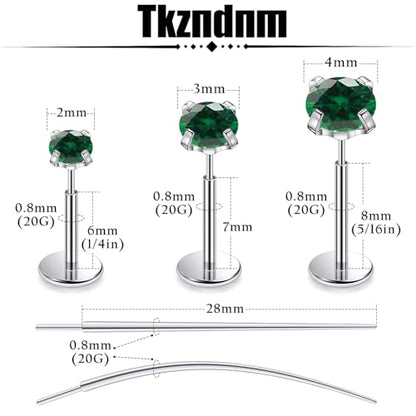 F136 Titanium 20/18/16G Earrings Nose Lip Rings Medusa Tragus Cartilage Helix Labret Flat Back Threadless Implant Grade Stud Piercing Jewelry for Women - color: Green CZ, size: 20g*6/7/8mm*2/3/4mm