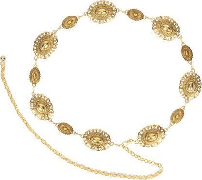 Women Western Concho Chain Belt - Fashion Gold Metal Waist Cowgirl Belt for Dresses Jeans - color: Gold