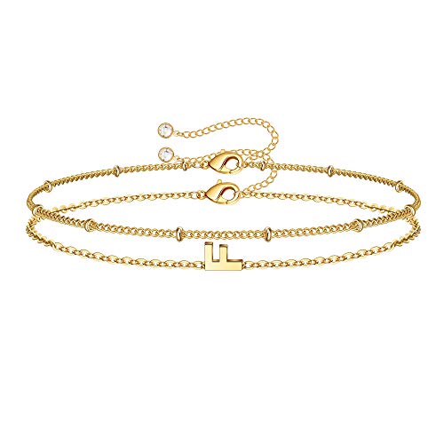 M MOOHAM Valentines Day Gifts for Her Women - Layered Initial Bracelets Gift Letter A-Z Charm, Dainty 14K Gold Plated Initial Bracelets for Women Teen Girls Birthday Jewelry Gifts - color: F