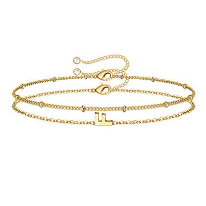 M MOOHAM Valentines Day Gifts for Her Women - Layered Initial Bracelets Gift Letter A-Z Charm, Dainty 14K Gold Plated Initial Bracelets for Women Teen Girls Birthday Jewelry Gifts - color: F