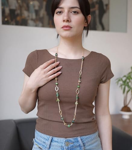 Long Gold Boho Necklaces for Women Beaded Statement Chain Long Necklace Gold Costume Jewelry Birthday Gifts for Her - color: Green
