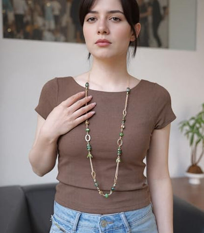 Long Gold Boho Necklaces for Women Beaded Statement Chain Long Necklace Gold Costume Jewelry Birthday Gifts for Her - color: Green