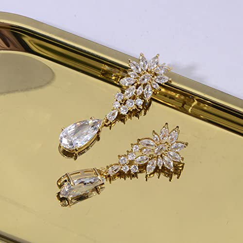 CZ Bridal Earrings for Wedding - 14k Plated Sterling Silver Elegant Teardrop Cubic Zirconia Crystal Rhinestone Floarl Leaf Cluster Chandelier Statement Dangle Drop Earrings for Bride Bridesmaids Party - color: Yellow Gold