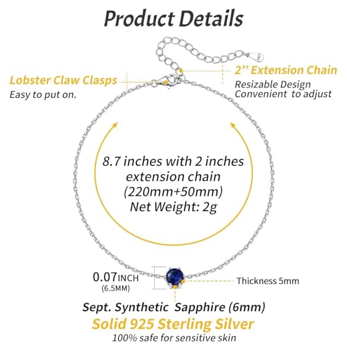 ChicSilver 925 Sterling Silver Anklets for Women, Simple Dainty Round/Heart Birthstone Ankle Bracelet Beach Foot Jewelry, 8.7-10.7 Inch Adjustable - color: 09. Round - September(Sapphire)