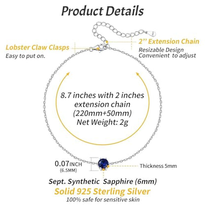 ChicSilver 925 Sterling Silver Anklets for Women, Simple Dainty Round/Heart Birthstone Ankle Bracelet Beach Foot Jewelry, 8.7-10.7 Inch Adjustable - color: 09. Round - September(Sapphire)