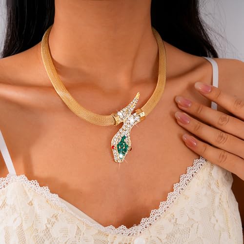 Punk Animal Snake Choker Necklace Hip Hop Rhinestone Snake head Cuban Link Chain Necklace Chunky Cuban Chain Crystal Jewelry for Women Gifts - color: Style C Gold