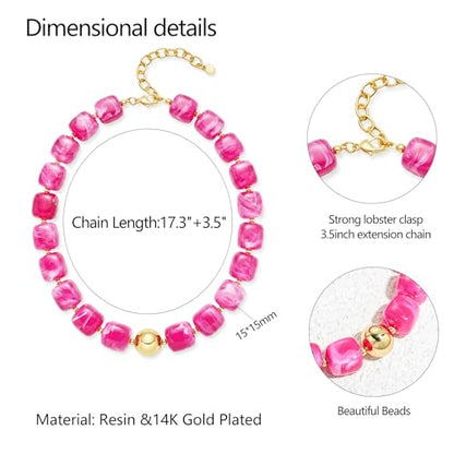 Chunky Colorful Beaded Choker Necklace for Women, Summer Beach Statement Resin Beads Necklace, Trendy Womens Summer Beach Jewelry Birthday Gifts for Vacation Holiday - color: Square Hot Pink Bead