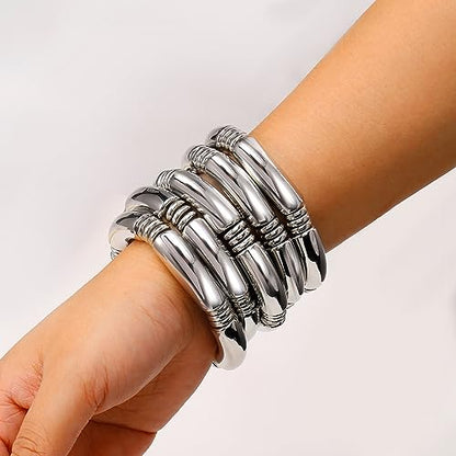 Gold Chunky Bangles Bracelets For Women 14k Gold Plated Stack Layered Curved Bamboo Tube Stretch Bracelets Gift Jewelry - color: 3pcs Silver